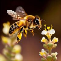 Honey bee fly in the garden with flower and nectar photo