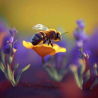 Honey bee fly in the garden with flower and nectar photo