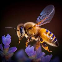 Honey bee fly in the garden with flower and nectar photo