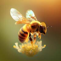 Honey bee fly in the garden with flower and nectar photo