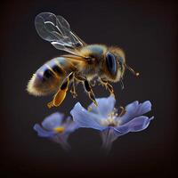 Honey bee fly in the garden with flower and nectar photo