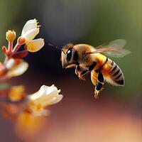 Honey bee fly in the garden with flower and nectar photo