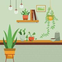 Minimalist interior design. Green plant and book, coffee, Furniture, picture frame in kitchen Cartoon vector illustration.