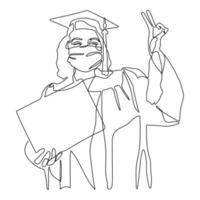 continuous single drawn one line girl student drawn by hand picture silhouette. Line art. graduate student graduate. Corona, mask, quarantine, virus. vector
