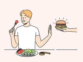 sonriente hombre sentar a mesa comiendo sano comida negar desde Comida rápida. contento chico disfrutar vegetariano cena decir No a sabroso hamburguesa. dieta y nutrición. vector ilustración.