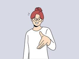 Smiling businesswoman in glasses stretch hand to camera get acquainted with applicant or candidate. Happy woman greeting with handshake. Collaboration and acquaintance. Vector illustration.