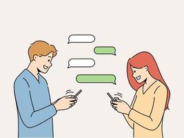 Smiling man and woman chatting online on social media on speech bubbles. Happy couple message on internet on cellphones. Dating and flirting on web. Vector illustration.