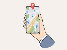 Closeup of person holding cellphone with GPS pointer on digital map. Man with smartphone track location on virtual map on device. Vector illustration.