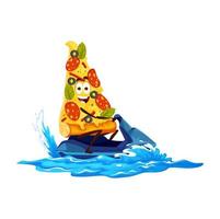 Cartoon pizza character on jet ski, cute fast food vector