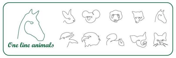 Farm and wild animals one line icons set. Horse, panda, dolphin, pig, eagle, koala, cat, rabbit, squirrel drawings in outline, single line and continuous line. vector