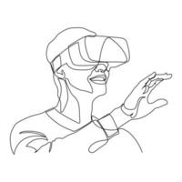 continuo uno línea dibujo hombre en lentes dispositivo virtual realidad y vr. vector