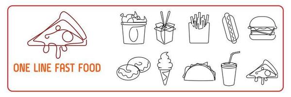 Fast food one line or continuous line icon set. Burger, pizza and chips fries linear signs. Flat linear icons on white background. Vector. vector