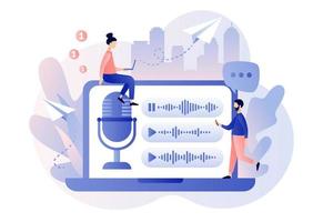 Voice messages concept. Tiny people use microphone in laptop to record message or to voice assistant. Chat app. Online communication. Modern flat cartoon style. Vector illustration on white background