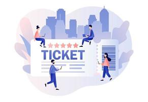 Tickets online sale. Tiny people with big ticket for cinema, theater, party, play, festival, event, concert. Modern flat cartoon style. Vector illustration on white background