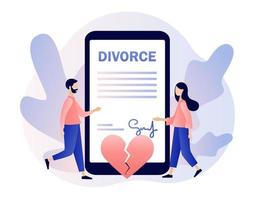 Divorce concept. Tiny people relationship breakup. Husband and wife sign agreement divorce document and property divison in smartphone app. Broken heart. Modern flat cartoon style. Vector illustration