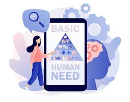 Basic human needs. Maslow hierarchy pyramid. Triangle pyramid with physiological, safety, belonging love social esteem and self actualization levels structure scheme on smartphone screen.Vector vector