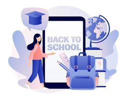 Back to School. Education concept. Tiny girl with smartphone app, backpack, educational tools, school stationery, globe and books. Modern flat cartoon style. Vector illustration on white background