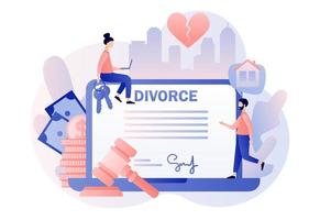 Divorce concept. Husband and wife sign agreement divorce document and property divison online. Tiny people relationship breakup. Broken heart. Modern flat cartoon style. Vector illustration