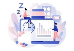 Sleep control in web site. Tiny people suffers from insomnia. Alarm clock, sleeping pills, mask. Stress, depression and sleeping problems. Modern flat cartoon style. Vector illustration