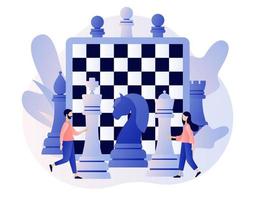 Chess game. Chess pieces. Board games. Tiny people playing and winning. Business strategy. Teamwork and competition. Modern flat cartoon style. Vector illustration on white background