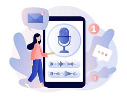 Voice messages concept. Tiny girl use microphone in smartphone to record message or talk to voice assistant. Chat app. Modern flat cartoon style. Vector illustration on white background