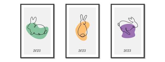 Set of different black rabbits silhouettes, isolated on a colorful background for design use. Silhouettes of New Years bunnies in simple one line style. 2023 year of the rabbit. Christmas vector. vector