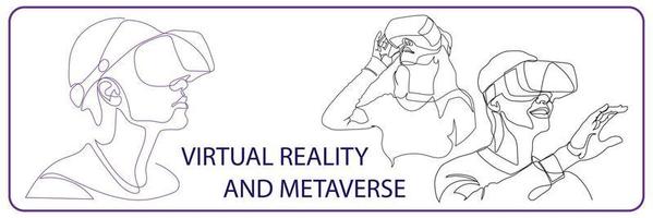 Continuous one line drawing Man or woman in glasses device virtual reality or VR set. Metaverse with cyberpunk theme. vector