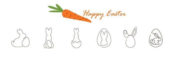 One line or single line vector rabbit icons set. Simple bunny isolated with carrot.