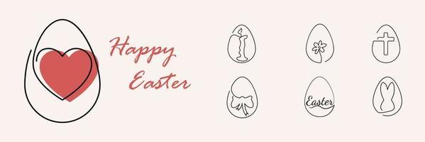 Set of one line or single line Easter eggs. Red heart happy easter. vector