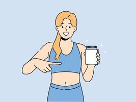 Smiling sportswoman in sportswear show at protein bottle in hands. Happy woman athlete recommend sport nutrition supplement for training or workout. Vector illustration.