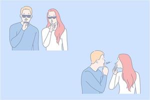 Young couple keeping quiet, silence gesture concept vector