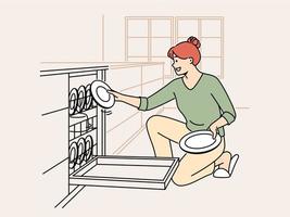 Smiling woman unloading dishwashing machine. Happy housewife put dirty plates into dishwasher at home kitchen. Household and chores concept. Vector illustration.