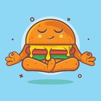 gracioso hamburguesa comida personaje mascota con yoga meditación actitud aislado dibujos animados en plano estilo diseño vector