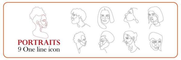 One line portraits vector set. Linear portrait human face drawn in one continuous line. Minimal linear vector logo design eyeglass store, vision health clinic, male female stylist hairdresser.