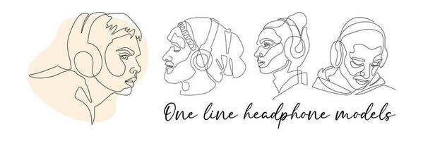 continuous single drawn one line. girl woman listens to music with headphones hand-drawn picture silhouette. Line art. Vector set for advertisement or banner and store.