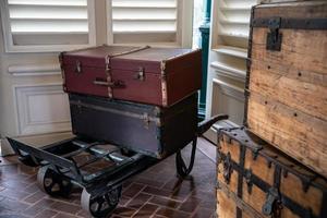 Vintage style brown wooden suitcase. photo