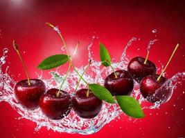 Illustration of cherries with a splash of water with a red background photo