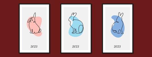 Set of different black rabbits silhouettes, isolated on a colorful background for design use. Silhouettes of New Years bunnies in simple one line style. 2023 year of the rabbit. Christmas vector. vector