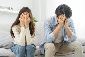 Breakup and depressed, asian young quarrel  couple love fight relationship in trouble. Different people are emotion angry. Argue wife has expression, upset with husband. Problem of family people. photo