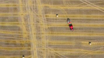 Aerial view of haymaking processed into round bales. Red tractor works in the field video