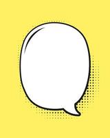 Retro blank comic speech bubble with black halftone shadows on yellow background. Vector illustration text frame border, vintage design, pop art style