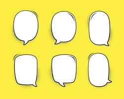 Retro blank comic speech bubble with black halftone shadows on yellow background set. Vector illustration text frame, vintage design, pop art style