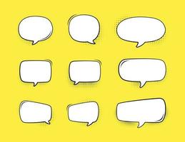 Retro blank comic speech bubble with black halftone shadows on yellow background set. Vector illustration text frame, vintage design, pop art style