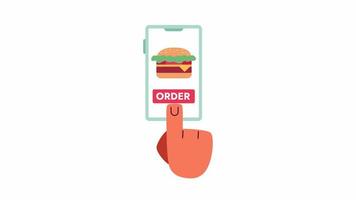Burger order mobile app animation. Animated choose cheeseburger to delivery 2D cartoon flat first view hand. Fast food 4K video concept footage on white with alpha channel transparency for web design