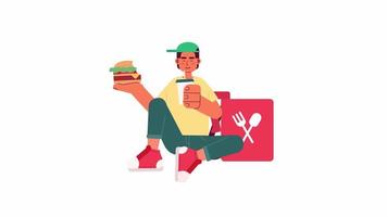 Delivery guy taking break animation. Fast food courier drinking with burger isolated 2D cartoon flat character 4K video footage on white background with alpha channel transparency for web design