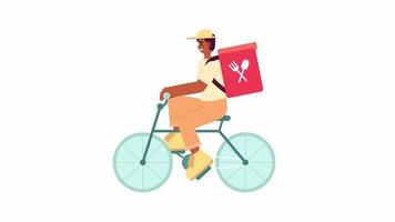 Food delivery on bicycle animation. Guy transporting prepared meals in backpack isolated 2D cartoon flat character 4K video footage on white background with alpha channel transparency for web design