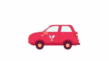 Animated catering service car. Flat cartoon style icon 4K video footage for web design. Food delivery vehicle isolated colorful object animation on white background with alpha channel transparency