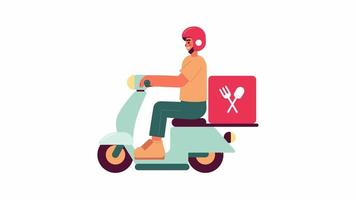 Food delivery on moped animation. Meal kit courier driver riding electric scooter isolated 2D cartoon flat character 4K video footage on white background with alpha channel transparency for web design