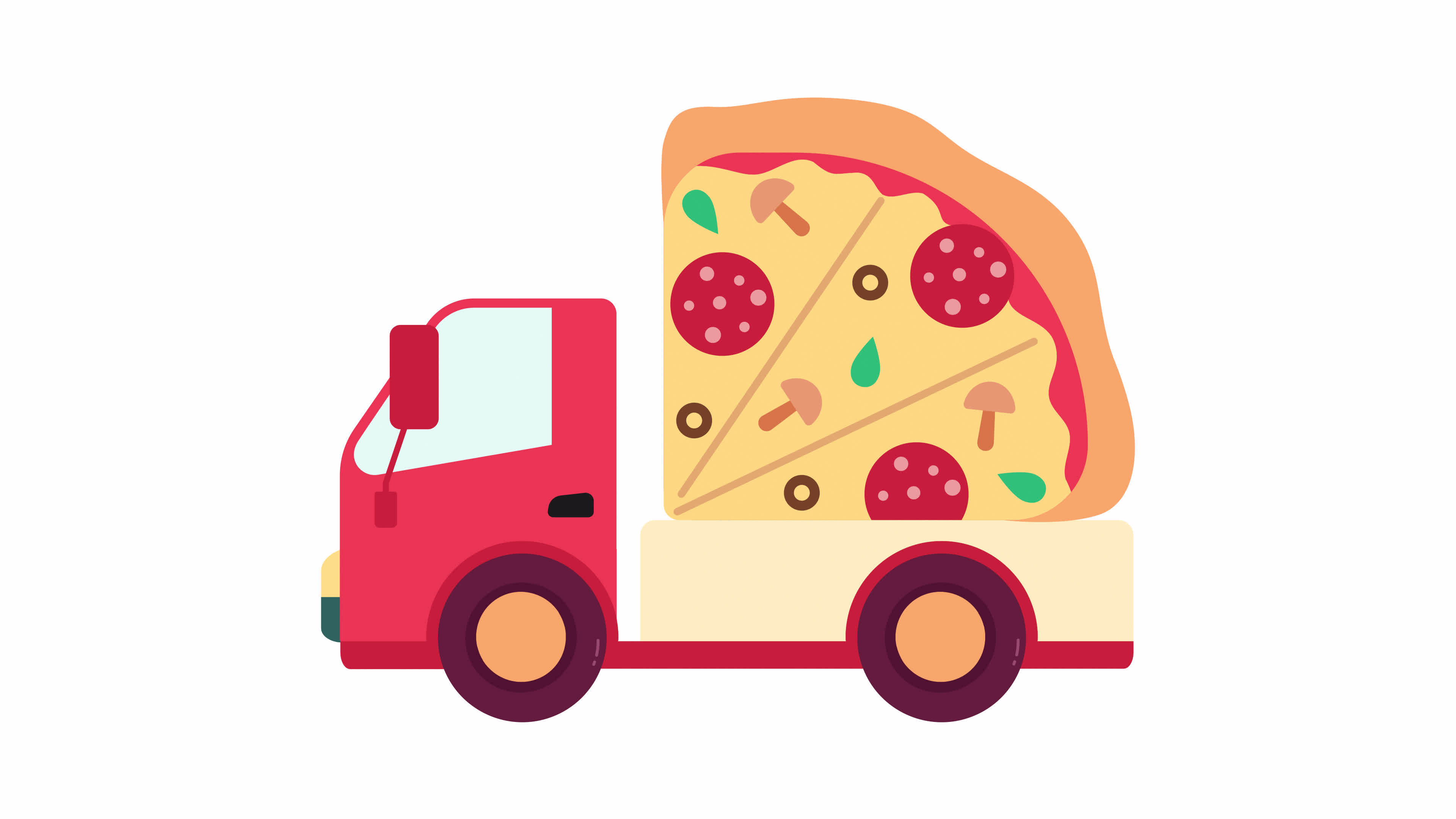 Delivery lorry with pizza animation. Animated fast food service truck