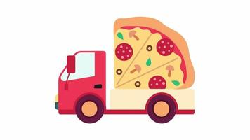 Lieferung LKW mit Pizza Animation. animiert schnell Essen Bedienung LKW 2d Karikatur eben Objekt. Pizzeria Transport 4k Video Konzept Aufnahmen auf Weiß mit Alpha Kanal Transparenz zum Netz Design